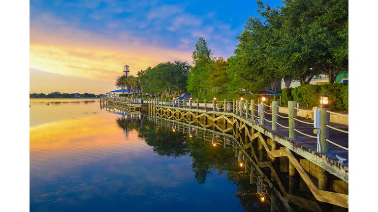 Waterfront Boardwalk at Sunset in The Villages, Florida
