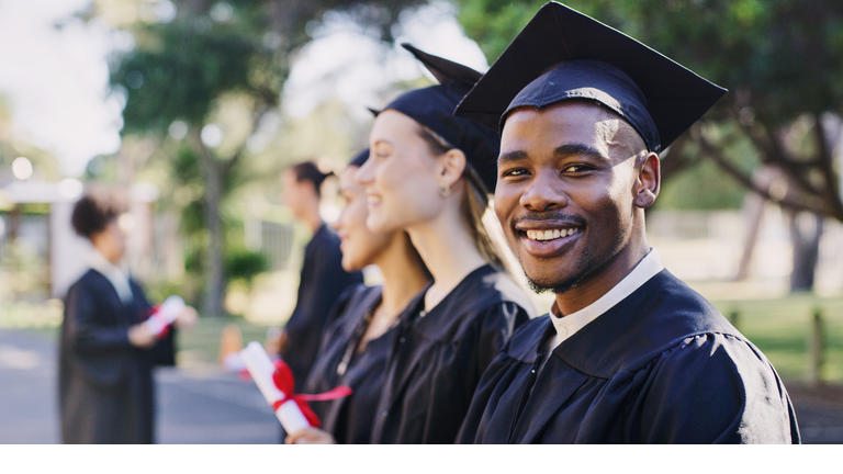 Portrait university student, black man and graduation celebration, event and achievement of goals, education success and motivation. Happy, excited and smile african college graduate celebrate future