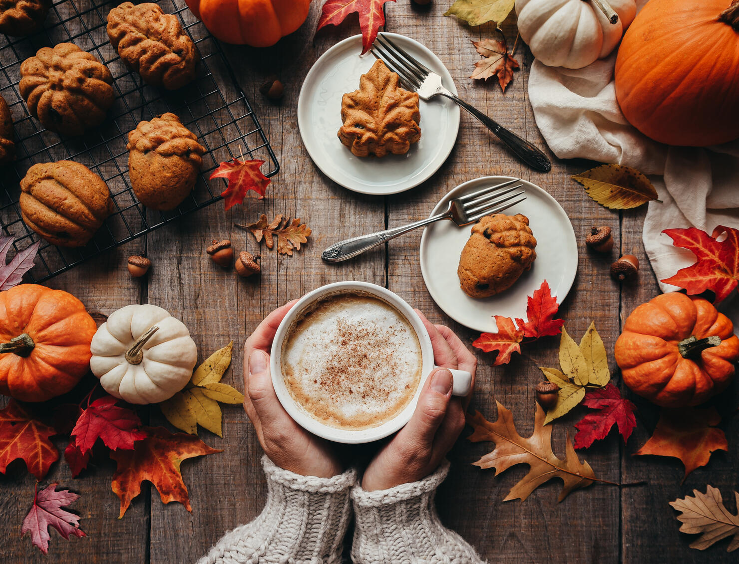 Top view of fall shaped pumpkin spice cakes and hands holding latte