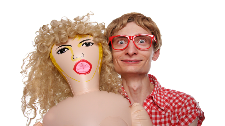 Guy with a blow up doll