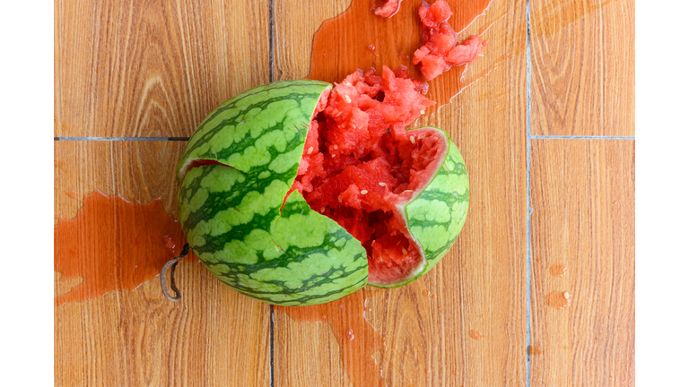 top view smashed watermelon on the ground