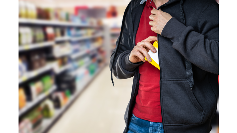 Retail Shoplifting. Man Stealing In Supermarket