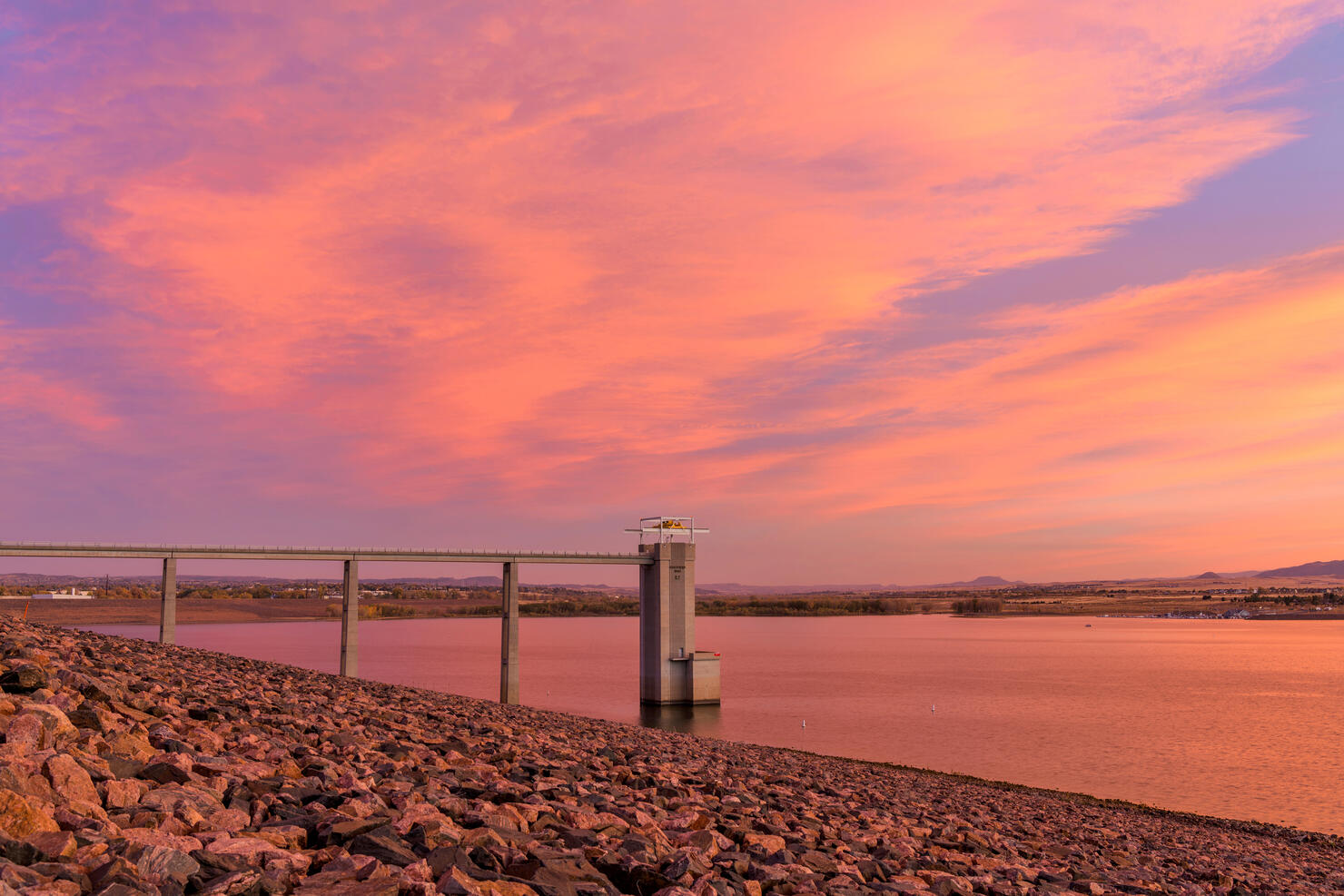 Sunset Chatfield - Colorful Autumn sunset clouds rolling over Chatfield Reservoir. Denver-Littleton, Colorado, USA.