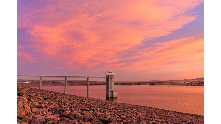 Sunset Chatfield - Colorful Autumn sunset clouds rolling over Chatfield Reservoir. Denver-Littleton, Colorado, USA.