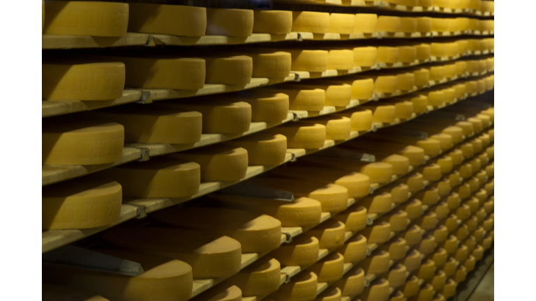 Gruyere cheese stored in large quantities