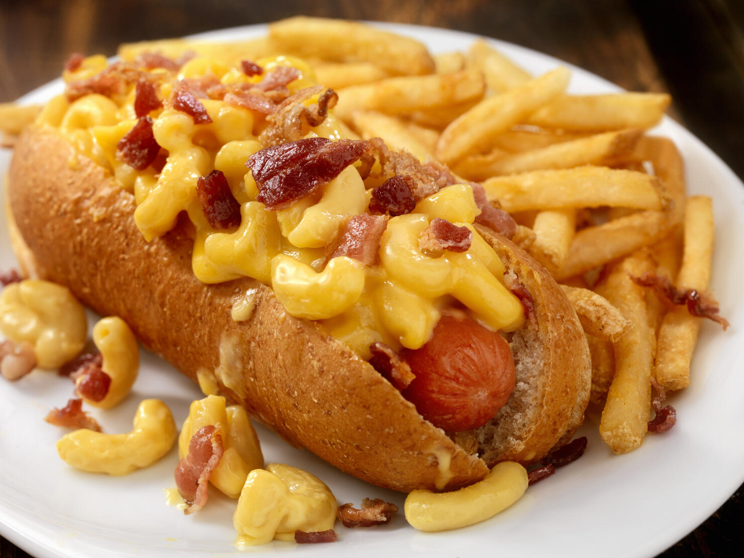 Bacon Mac and Cheese Dog with Fries