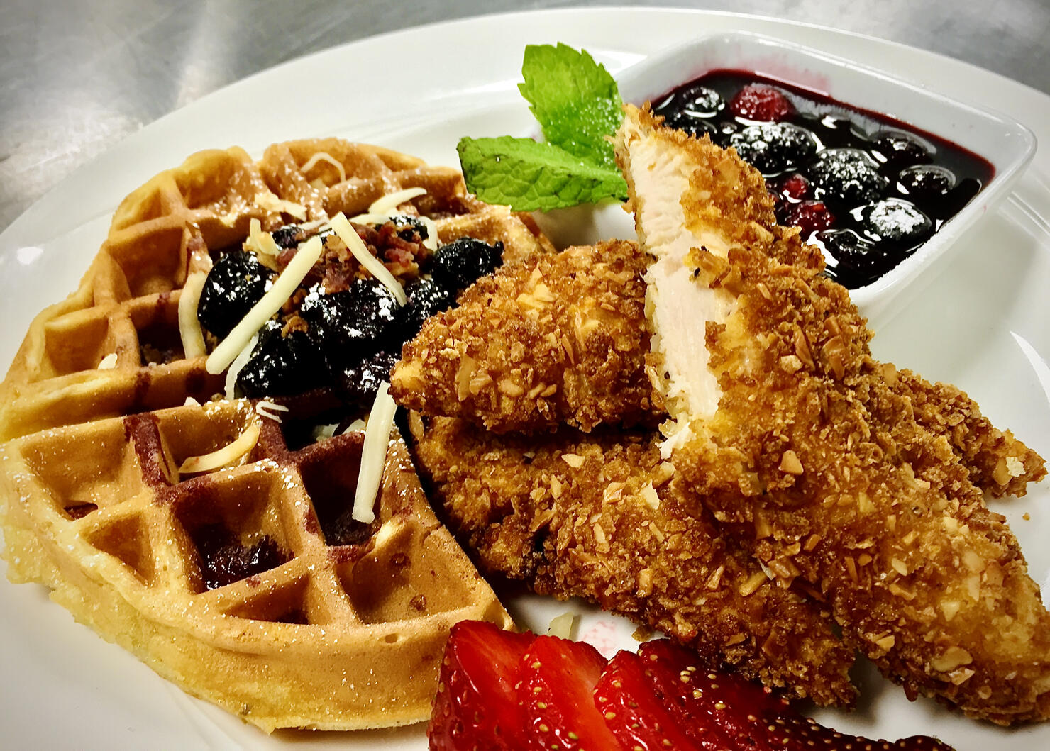 Hollywood Almond Crusted Chicken and White Cheddar Waffles