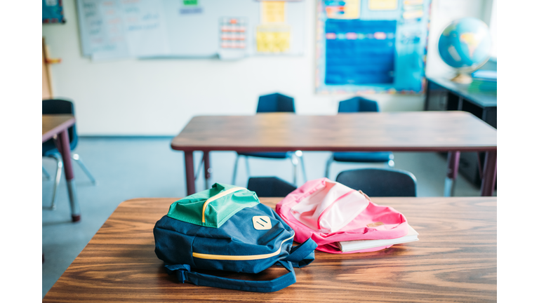 backpacks laying on desk