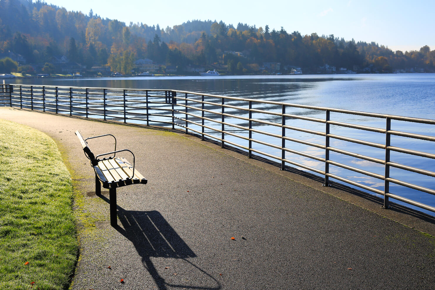 Autumn Empty Bench Looking over the Lake Washington