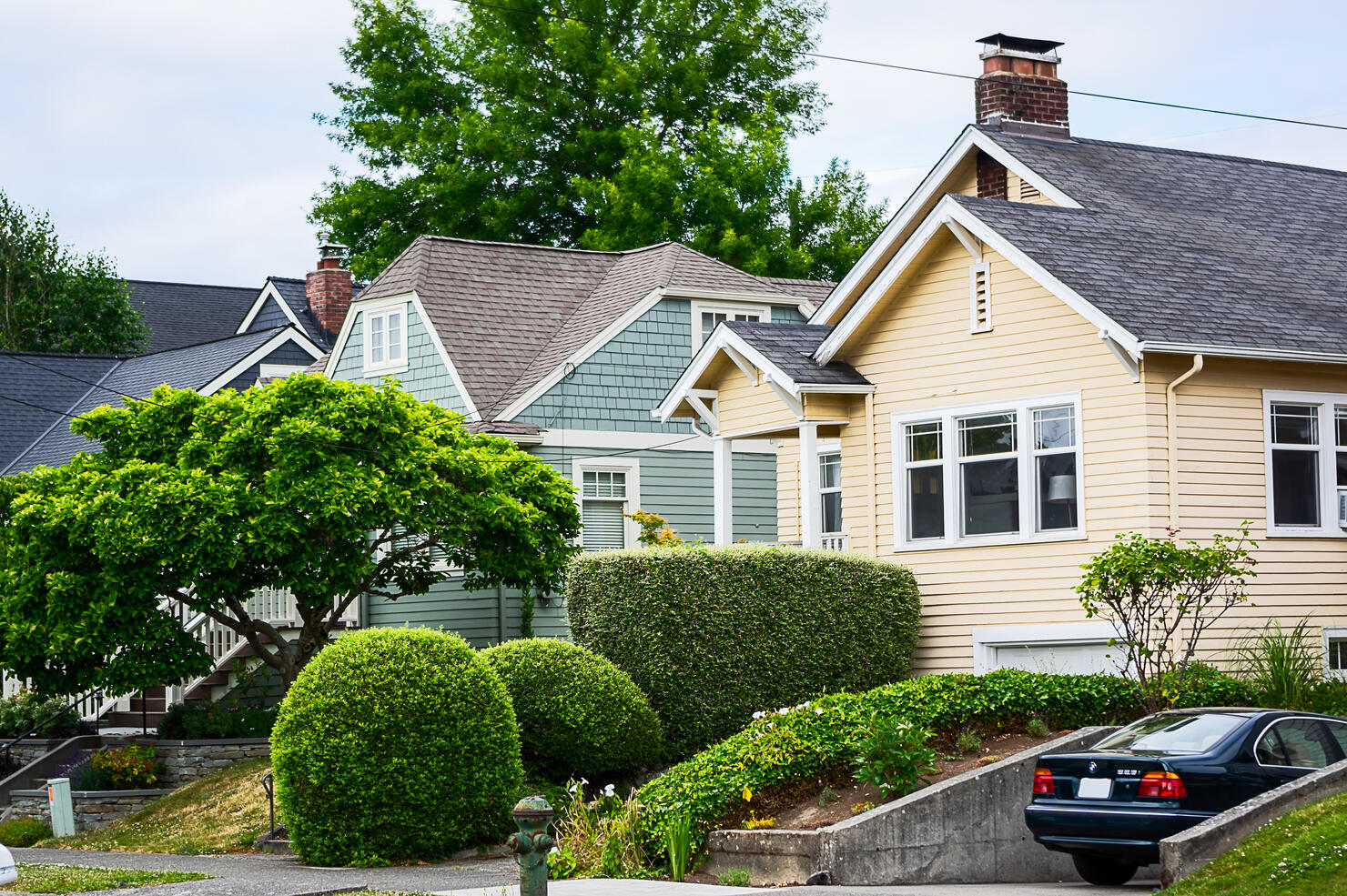 House exterior and front gardens, Madison Park, Seattle, USA
