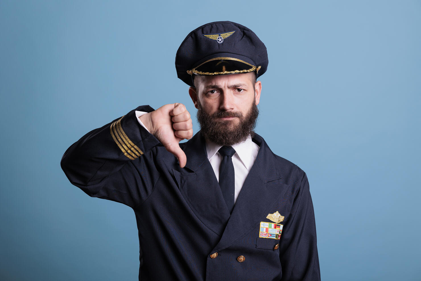 Serious airplane aviator with thumbs down gesture