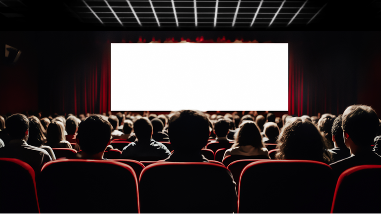 People in the cinema auditorium with empty white screen.