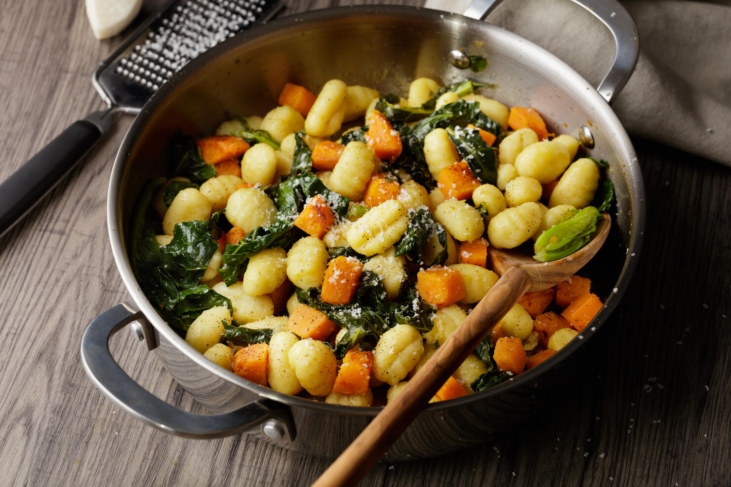 Healthy Vegan gnocchi with sweet potato and spring greens