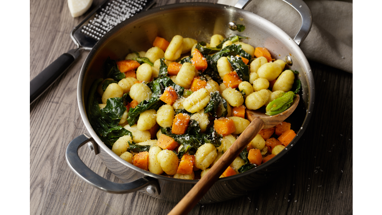 Healthy Vegan gnocchi with sweet potato and spring greens