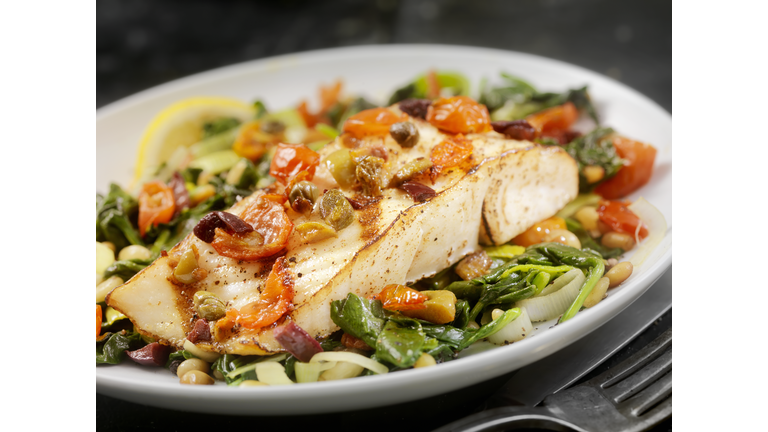 Grilled Halibut with Capers,Olives and Tomatoes