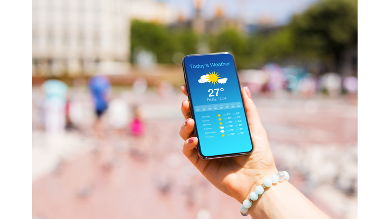 Woman outside in city checking weather forecast on her mobile phone