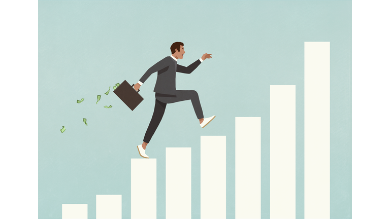 Eager businessman with briefcase of money running up ascending bar graph