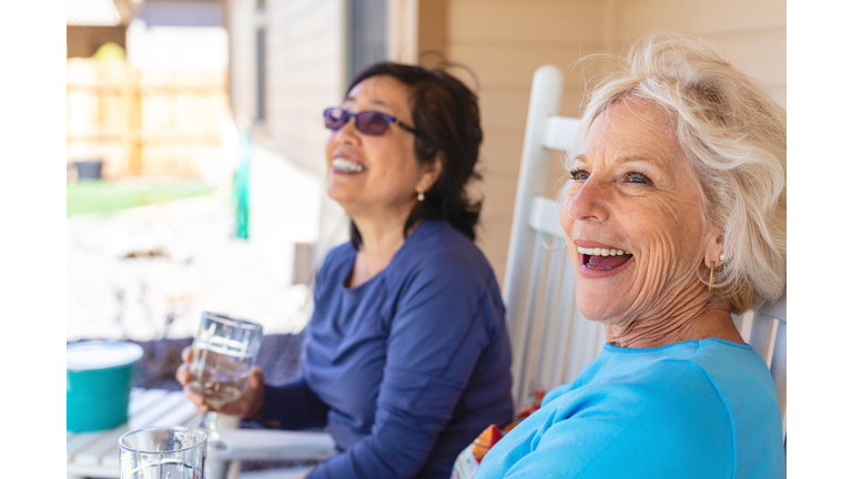 Senior Caucasian and Korean Female Friends in Outdoor Setting Spending Quality Time Together in Various Activities Seniors Healthy Living Photo Series