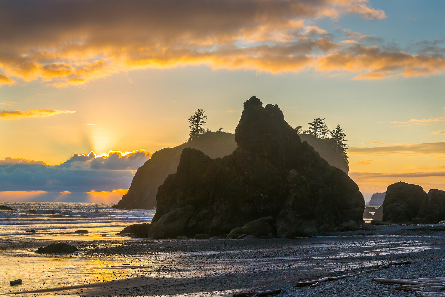 Sunbeams and Sunset on Ruby Beach in the Olympic National Park Washington