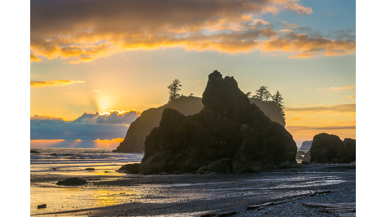 Sunbeams and Sunset on Ruby Beach in the Olympic National Park Washington