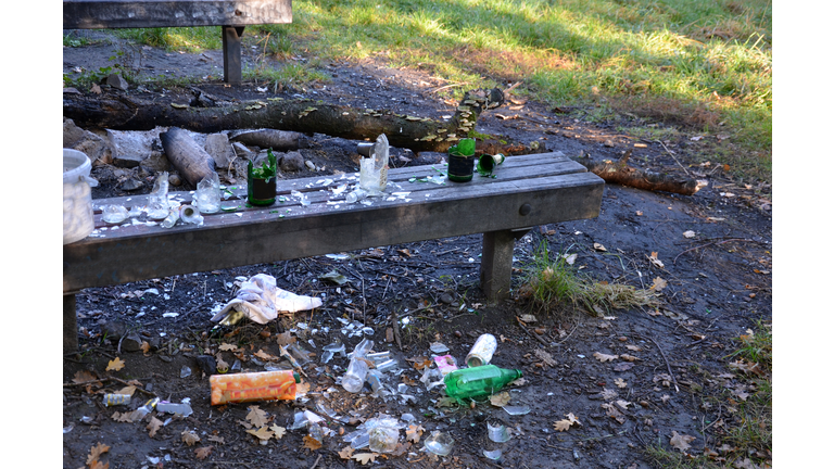 vandalism in the park. after the night party, only shattered pieces of glass alcohol bottles remained on the bench. The homeless man sleeps and lives outside city shard, drug addiction, self control