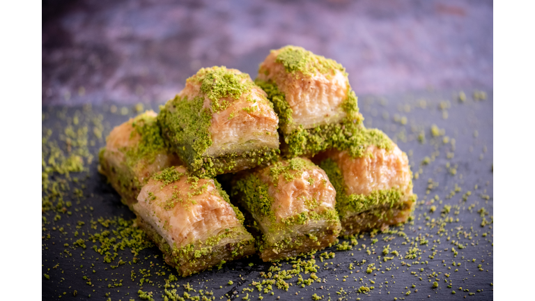 Walnut, Pistachio Turkish Style Antep Baklava Presentation. Baklava from Turkish cuisine