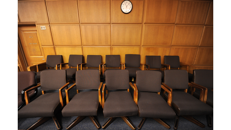 A view of the jury box of a courtroom cl