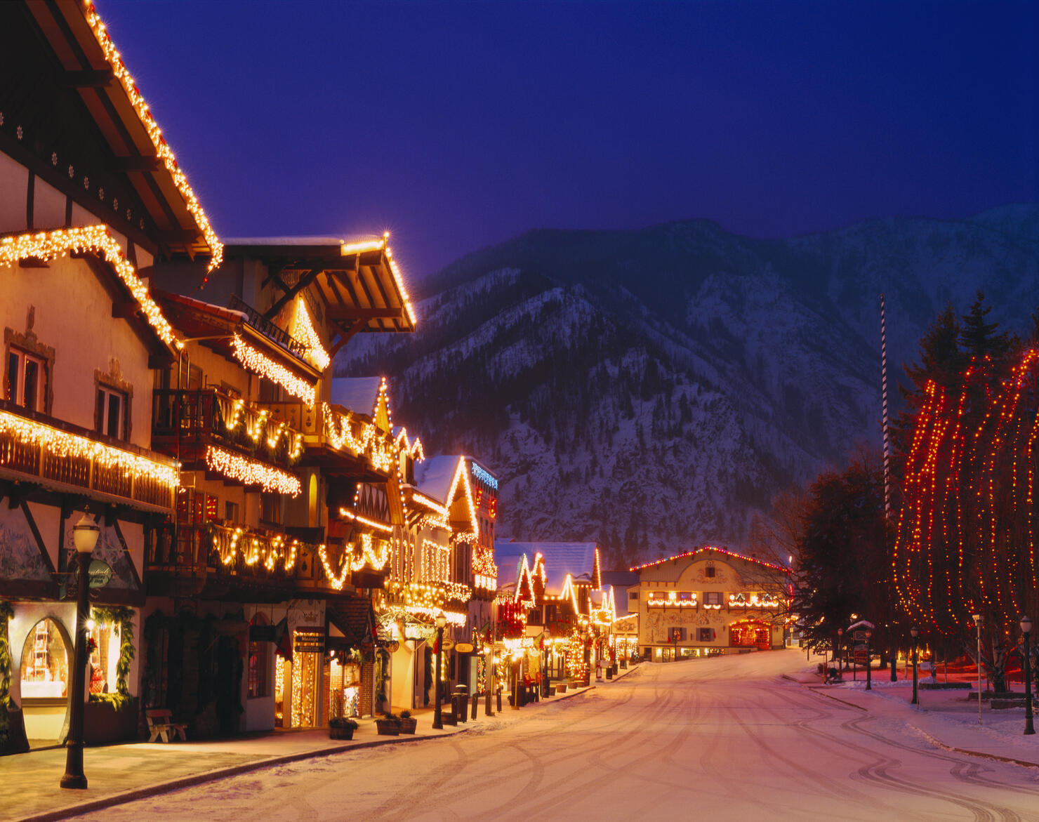 Bavarian style village near Cascade Mountains decorated with Christmas lights
