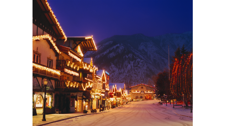 Bavarian style village near Cascade Mountains decorated with Christmas lights