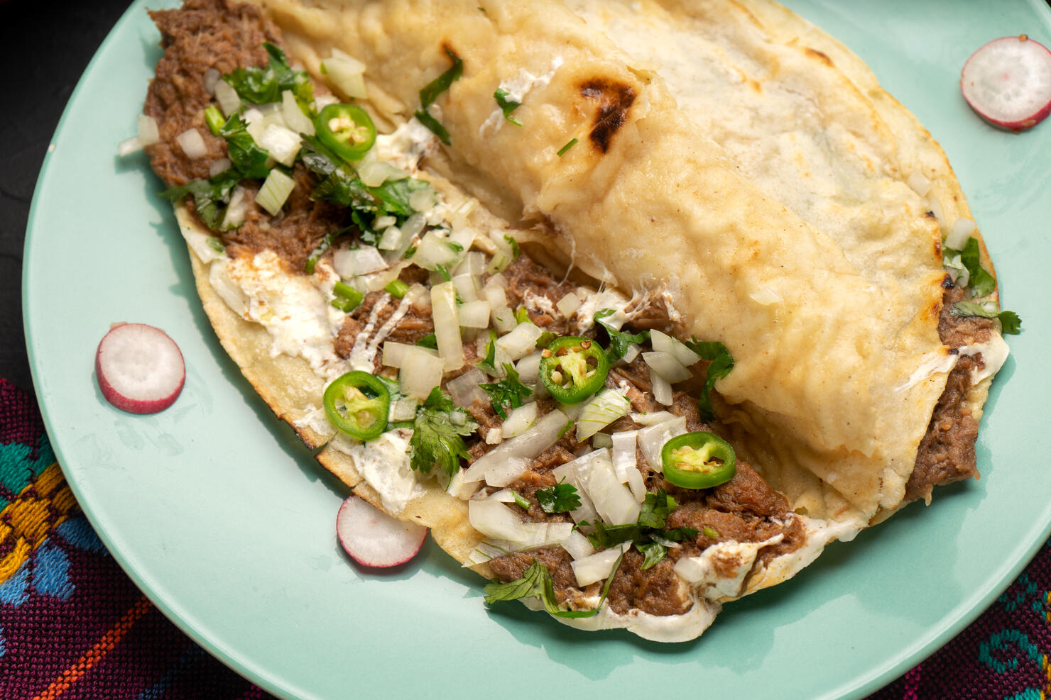 Quesadilla with beef barbacoa and sauce. Mexican food