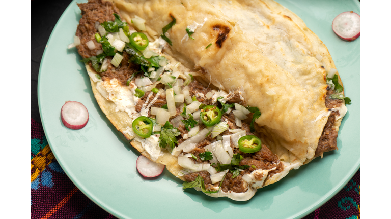 Quesadilla with beef barbacoa and sauce. Mexican food