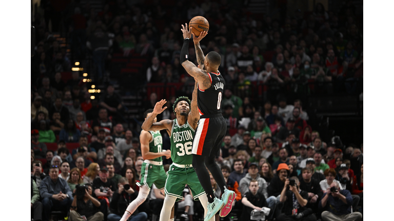 Damian Lillard of the Portland Trail Blazers exchanges jerseys with News  Photo - Getty Images