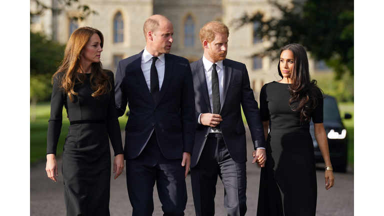 The Prince and Princess of Wales Accompanied By The Duke And Duchess Of Sussex Greet Wellwishers Outside Windsor Castle