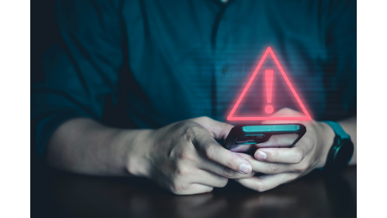 Emergency warning alert alarm on Smartphone, Data network protection, Virus alarm.