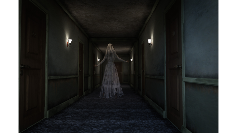 Ghostly figure of woman in wedding dress floating along a creepy hotel hallway. 3D illustration.