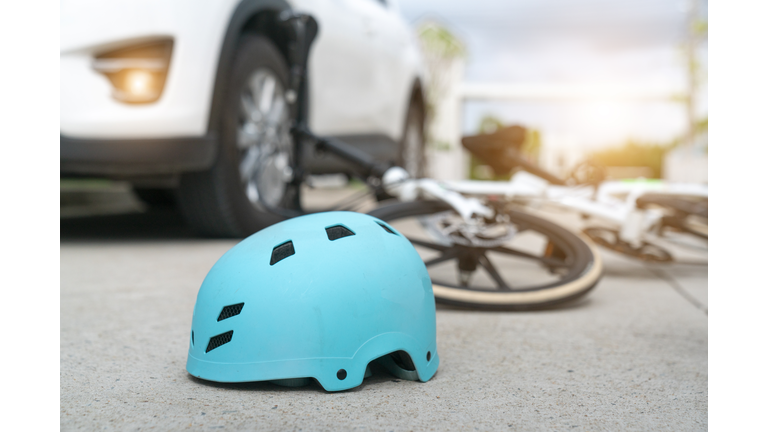 Accident car crash with bicycle on road