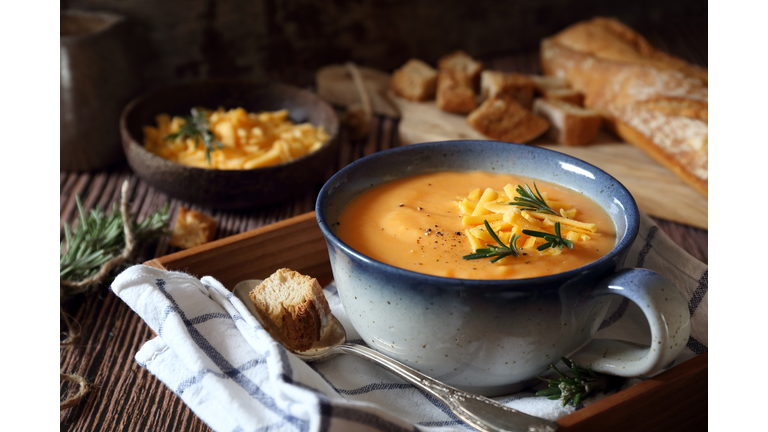 High angle view of soup in bowl on table
