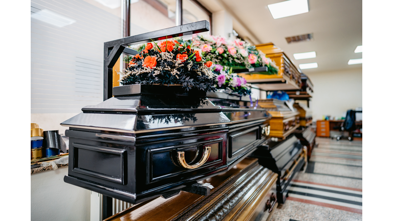 Shop selling coffins and funeral wreaths