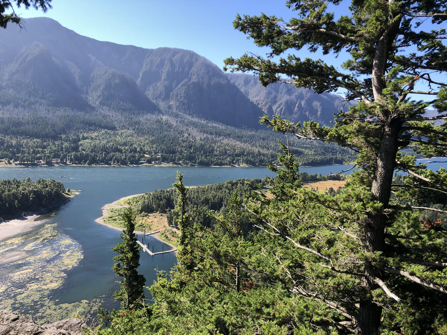 View of the Columbia River from the peak of Beacon Rock in Skamania, Washington.