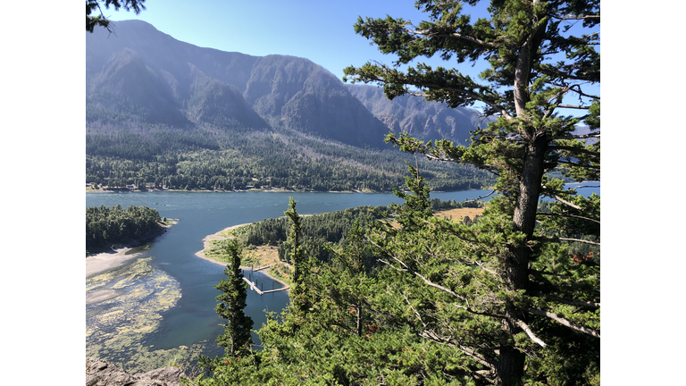 View of the Columbia River from the peak of Beacon Rock in Skamania, Washington.