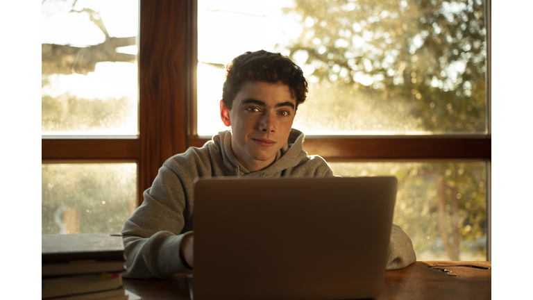 Teenager on laptop E-earning