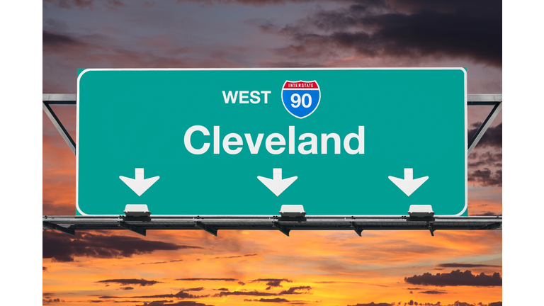 Cleveland Interstate 90 West Highway Sign with Sunrise