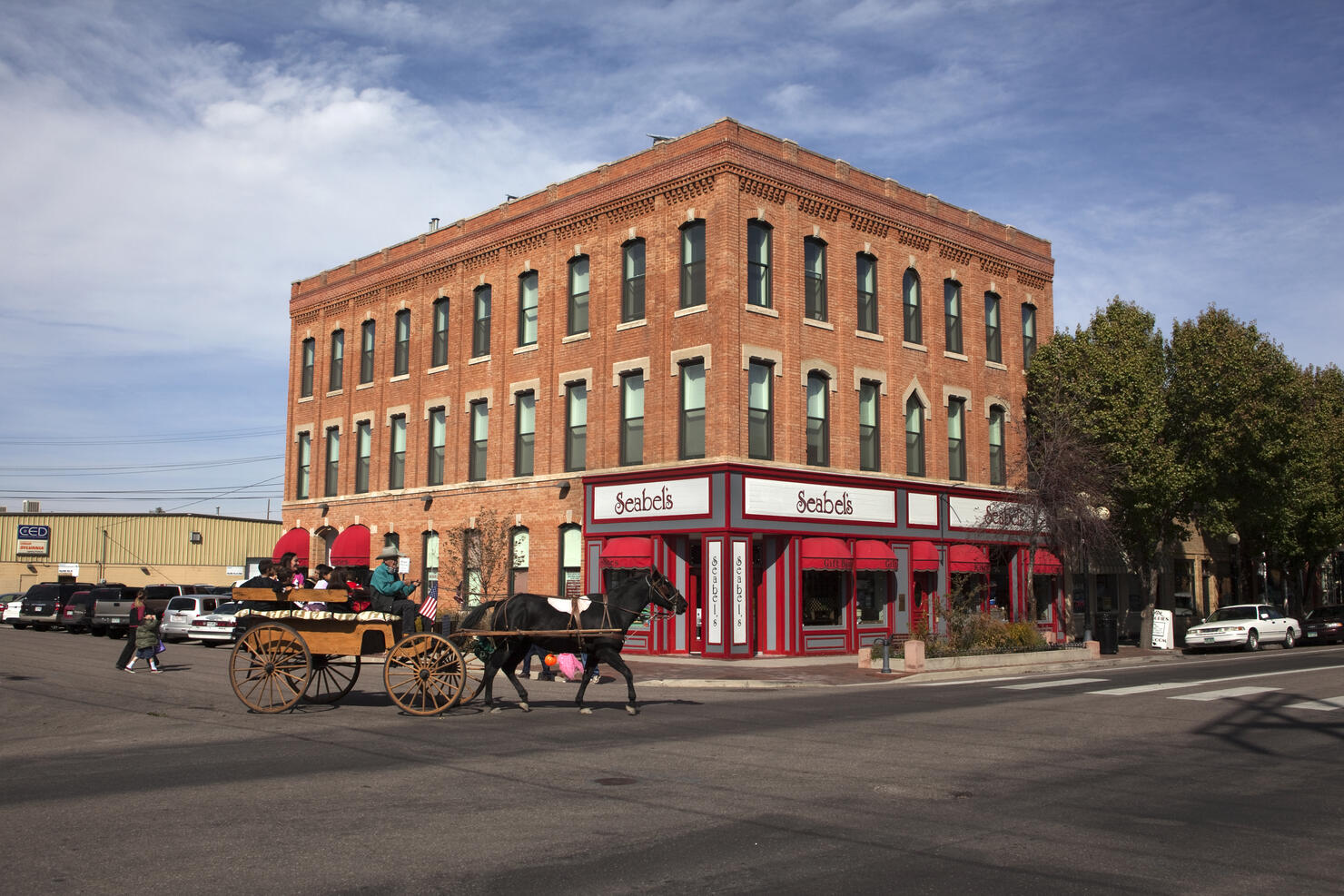 Horse drawn carriage and shops Pueblo Colorado