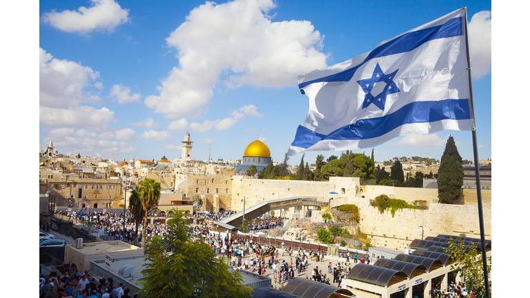 Jerusalem old city Western Wall with Israeli flag