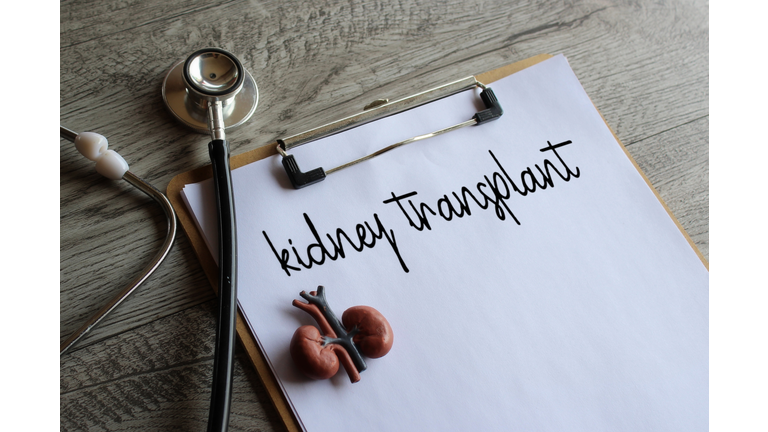 Kidney model, stethoscope and paper clipboard with text KIDNEY TRANSPLANT.