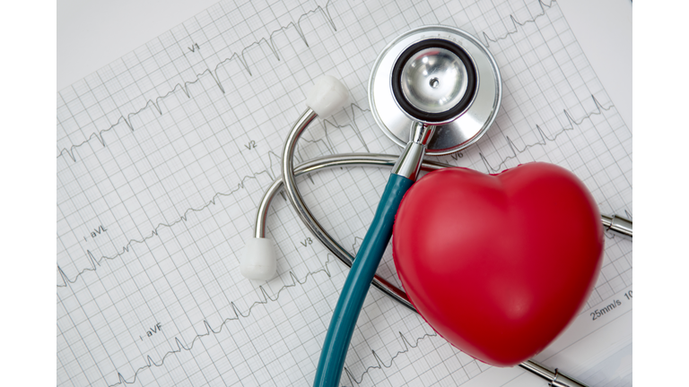 Heart ,stethoscope on cardiogram report of cardiology patient. Cardiologist and medical concept