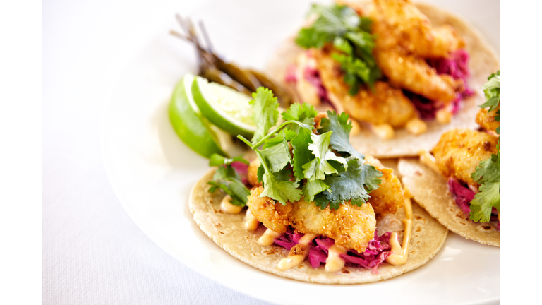 Close up of fish tacos on a plate