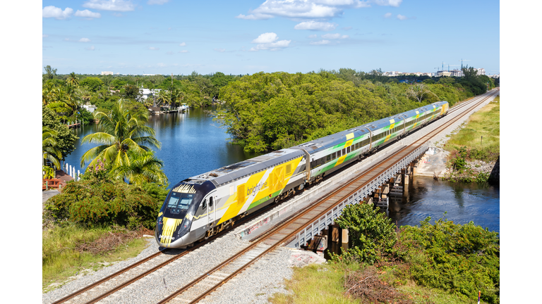 Brightline private inter-city rail train in Deerfield Beach in Florida, United States