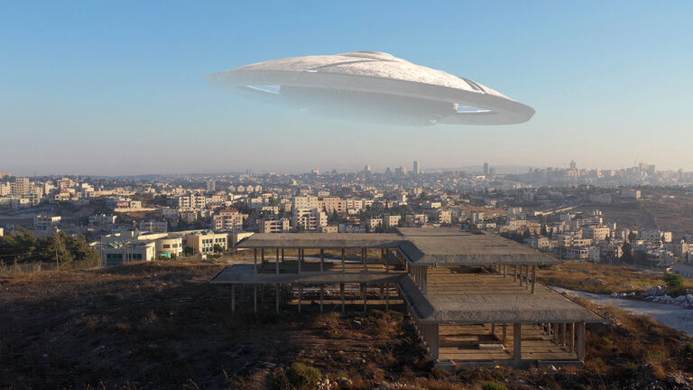 Ufo flying saucer over Jerusalem- Aerial view