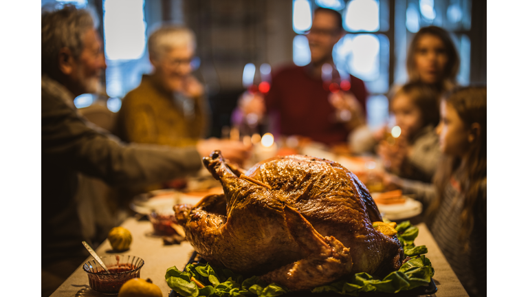 Close up of Thanksgiving turkey on dining table.